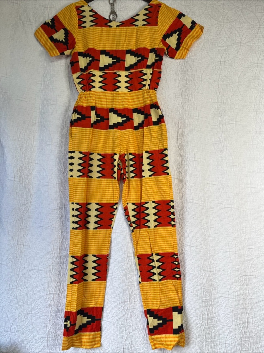 Homemade Women XS African Print Jumpsuit Yellow Red All Over Print Zip SS Jumper